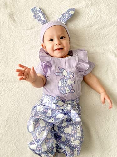 Minifeiko новороденче бебе девојче Велигденска облека Краток ракав Руфл Ромпер Пант сет со капа за зајаци