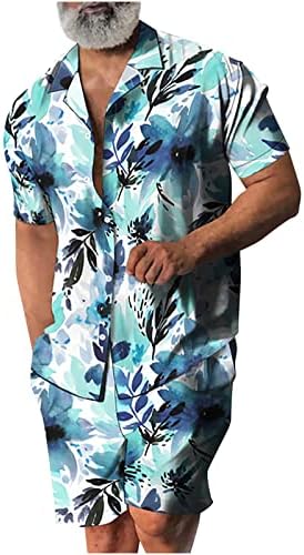 Машки кратки ракави блузи врвови шорцеви 2 парчиња поставени модни 3Д печатени копче лапел кошули кардиган плажа панталони облеки