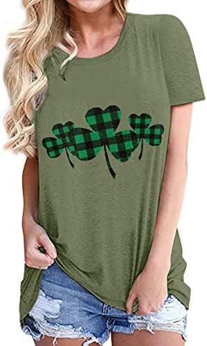 Ден на Свети Патрикс Четири лисја карирана кошула за печатење за жени Шамрок Обичен екипаж на кратки ракави на кратки ракави ирска блуза