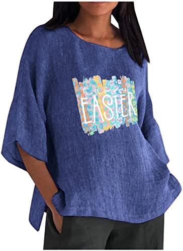Среќни велигденски маички за жени памучни постелнина 3/4 ракав лабава случајна влечка мода печатена маица удобна кошула врв