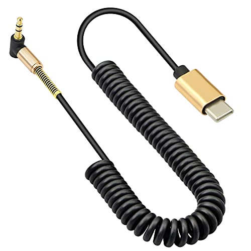 Gelrhonr Spring Aux Cable ， Type-C до 3,5 mm машки спирален Aux кабел, USB C машки 90 степени десен агол 1/8 TRS приклучок 3