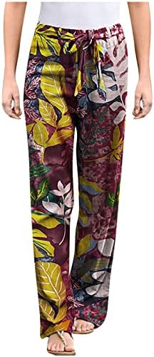 Цветни печатени постелнини панталони за жени кои влечат еластични панталони со ширина на половината, лето -лабава гроздобер плажа долги панталони