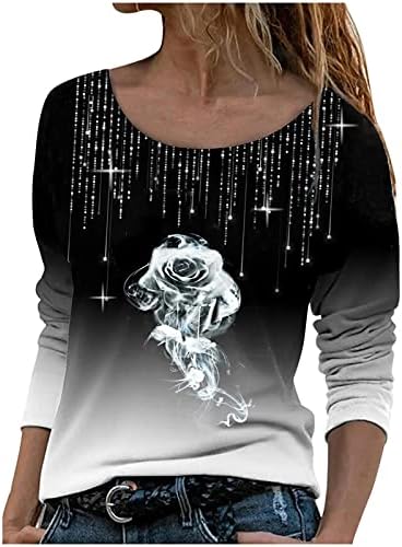 Кошули со долг ракав за жени обични модни градиент светла роза печати тунична мачка врвови мека лабава лажичка блуза за вратот