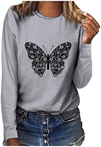 Rmxei женски обичен лабав тркалезен врат со долг ракав Пеперутка печати врвна маица за блуза