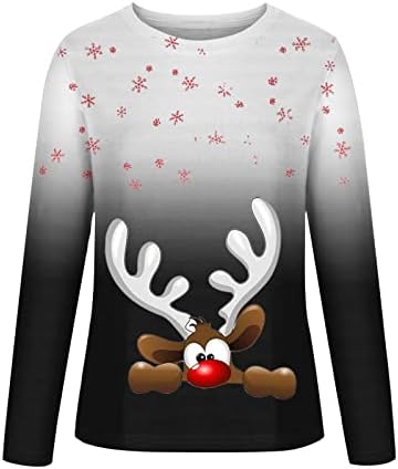 Женски Божиќни туники врвови мода 2023 година Нова Година со долги ракави екипи џемпери снегулка Срамежлива елк печатена маичка врв