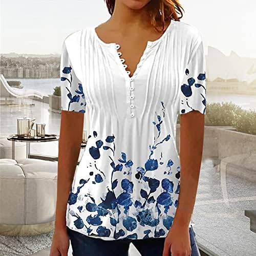 Women'sенски врвови фустани случајни летни преклопи печатени редовни маици со кратки ракави против вратот на врвовите на вратот,
