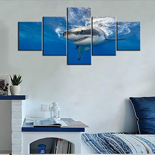 Тумово 5 парчиња одлични слики од бела ајкула wallидна уметност платно отпечатоци црно -бело голем животински постер за уметнички
