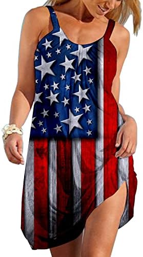 Хоксин 4 јули Летни Сарафани За Жени Секојдневен Фустан На Бохо Плажа Знаме На САД Ѕвезди Со Пруги Печатење Резервоар Без Ракави Мини Фустани