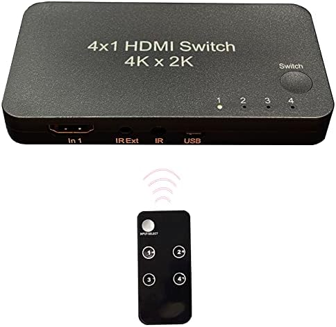 HDMI Switch 4 во 1 надвор, 4 Port HDMI Switcher Selector Box со IR далечински управувач и автоматски прекинувач, поддршка 4K@30Hz, 3D, 1080p