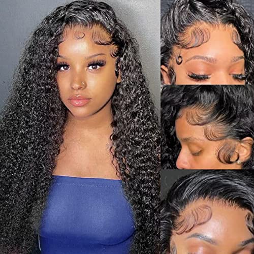 13x4 Curly Lace Front Wigs Human Hair 180 Density HD Transparent Lace Frontal Wig 24-инчен Откачен Кадрава Перики за  Црна Жени Длабоко