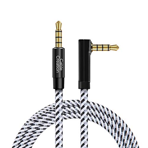 3,5мм аудио кабел TRRS, CableCreation 90 степени десен агол 3,5 mm машки до машки стерео аукс кабел за автомобил 4 пол, 1,5 метри/0,45м