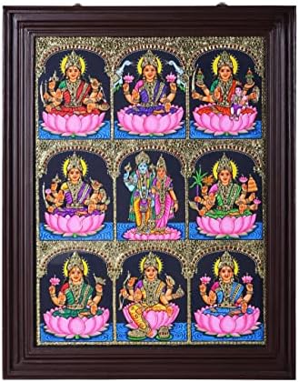 Егзотична Индија Ашталакшми со сликарство Вишну Лакшми Танјоре | Традиционални бои со 24к злато | Teakwood Fram
