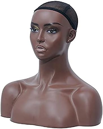 Ruixflr PVC Mannequin глава со рамо, женска маникин глава со ушна дупка, глава за прикажување на перики за перики ѓердан