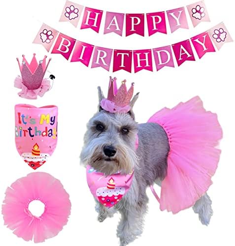 Посапет куче роденден Бандана девојче куче шамија круна капа туту роденденска облека куче роденденска забава материјал среќен