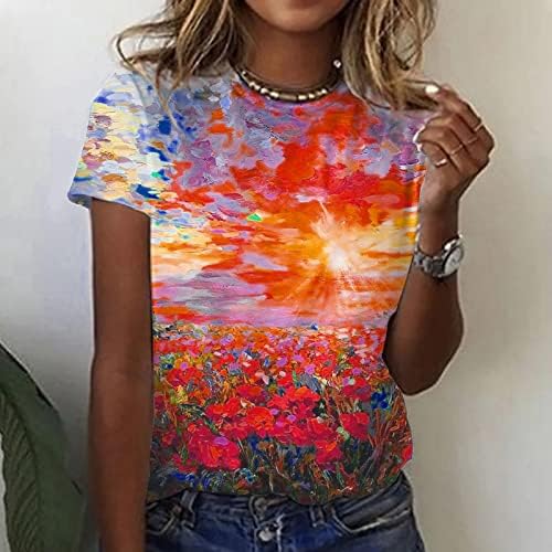 Градиентна цветна графичка кошула за тинејџерски девојки лето есен кратки ракави екипаж на бранч врвови маици жени 2023 зу