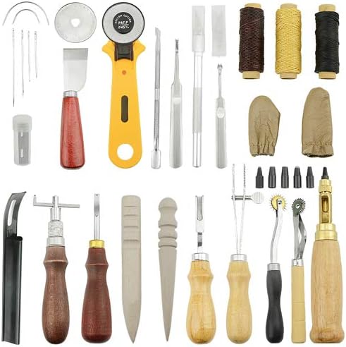 Комплет за алатки за кожни занаетчиски производи TOVOT 30 парчиња, алатка за рака за шиење со кожа, поставена со зашивање Groover,