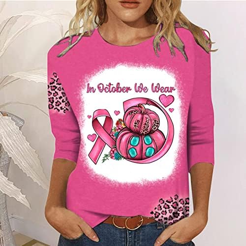 Кошула за подигнување на свеста за рак на дојка 3/4 ракав розова облека за одмор во октомври 2022 есен леопард лента од тиква од тиква од тиква врв