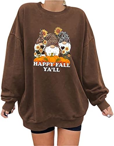 Хоксин среќен есен, женски џемпери на врвови девојки преголеми шарени графички пуловер за графикони обични лабави кошули со долг