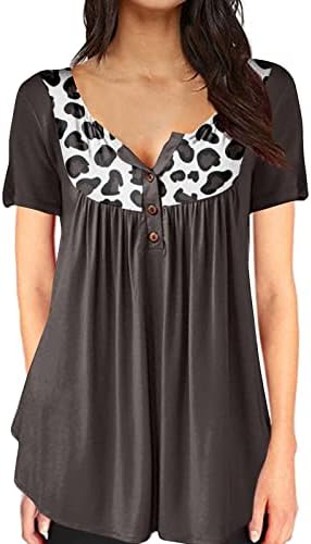 Лабави блузи за жените да го кријат стомакот, симпатично печатено копче V вратот надолу од кратки ракави, облечени летни врвови