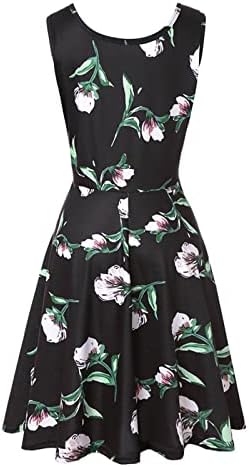 Летна облека за жени, женски летни модни обични растенија печати о-вратот заширање на ракави без ракави на плажа А-линија фустан