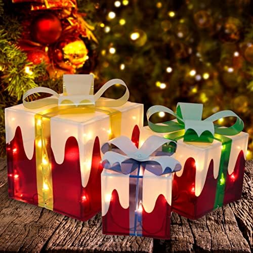 Џоидоми Комплет од 3 Снежни Кутии За Подароци Со Божиќно Осветлување, Претходно осветлена Лесна Декоративна Пвц Сегашна Кутија Под Декор