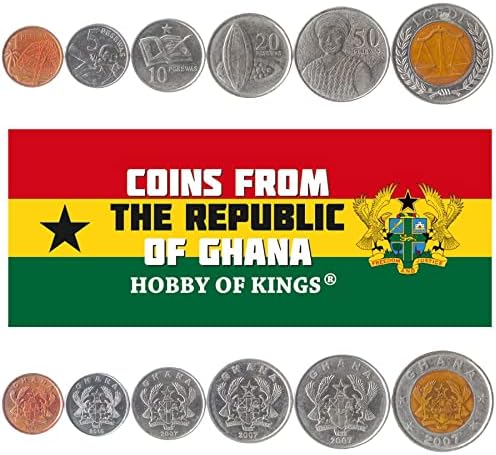 6 Монети Од Гана | Гана Монета Збирка Колекција 1 5 10 20 50 Pesewas 1 Cedi | Циркулирани 2007-2020 | какао под | Орел | Мост | Штит | Скали