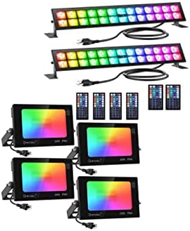 Onforu 4 пакувања 20W RGB LED светла за поплави и 4 пакувања 48W сценски светлосни ленти, светла за промена на бојата на DIY со далечински