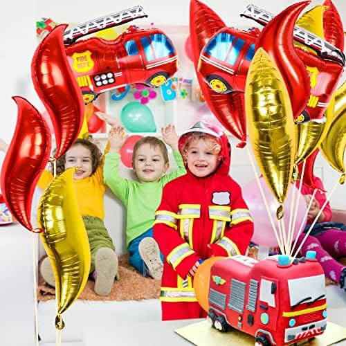 12 парчиња пожарникар за роденденски камион за роденденска забава 10 парчиња балони со пламен со пламен 2 парчиња балони со противпожарен камион пожарникарски балон