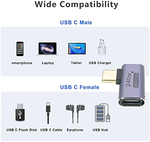 Адаптер за USB C Kallaudo Right Angle 240W, 90 степени USB C-машки до женски адаптер, адаптер за проширување на Extender со податоци од типот C 40Gbps 8K со LED светло за USB-C уреди, 2PACE