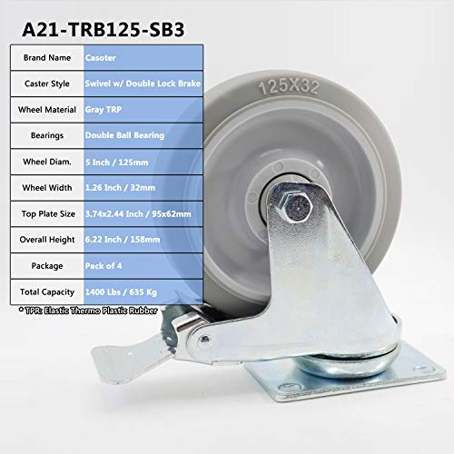 Casoter единечен 5 Swivel TPR Caster w/двојна сопирачка за заклучување, метално куќиште со двојно топка, еластично термопластично гумено