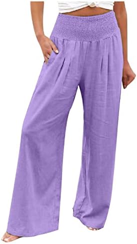 Широки памучни ленти панталони за жени летни обични панталони со широка боја на чиста боја со џебови, разгалени панталони со високи половини, панталони