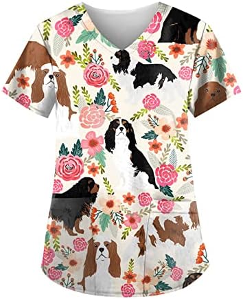 Womenенска преголема работна маица со кратки ракави со печатење на вратот v Опуштено летно лесна лабава блуза врвови со џебови