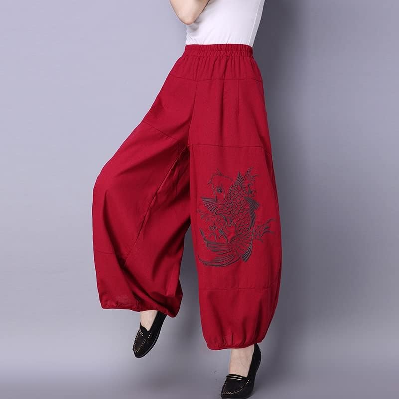Pantsенски памучни и постелнина панталони кинески стил обични долги панталони лабави цветачи широки нозе панталони црвени с