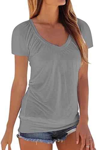 Xiloccer omeенски туничен врвови женски лето лабаво рамо V вратот мода цврста боја кратка ракав маица Топ блуза