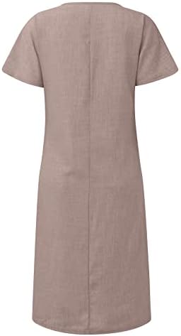 Letulенски летен памучен постелнина во Niuqi Casual Shift Fuestes цврста боја со долг ракав/краток ракав V-вратен фустан со џебови