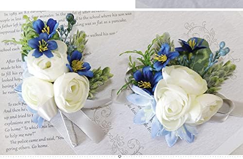 MAFELOE 2PCS Вештачки зглоб Корс Бутониер сет, младоженци на младоженецот невестински деверуши за свадби цвеќиња додатоци матурска забава Декорација - сина и бела боја
