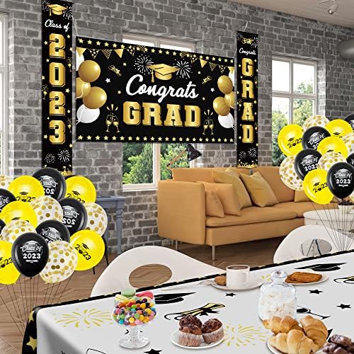 Декорации за дипломирање на забави 2023 година, материјали за забави за дипломирање на црно злато, класа од 2023 година честитки за балони