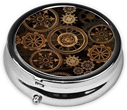 Steampunk Gears Clock Round Pill Box Декоративна кутија со садови пилула кутија, компактен организатор на таблети за лекови за медици за чанти