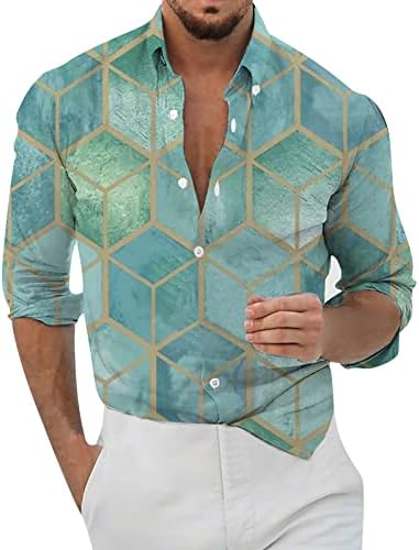 BMISEGM летни големи и високи кошули за мажи лежерни машка лабава лапава геометриска печатење со долги ракави манжетни со копче за порта