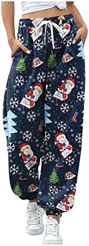 Womenените Божиќни печати џемпери со џемпери, памук еластична половината, дно, панталони за товарни панталони Дедо Мраз, пешачење за