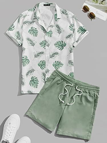 Oshho облека со две парчиња за мажи мажи тропски кошула за печатење и шорцеви за половината за влечење