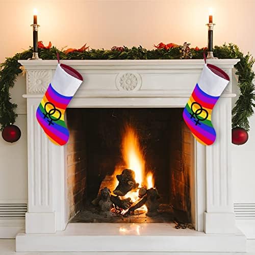 Лезбејска гордост ЛГБТ знаме Божиќни чорапи порибување на Божиќни дрвја Санта украси што висат украси за одмор на камин 16,5 “