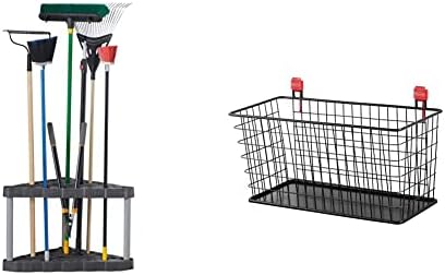 Rubbermaide Garage Corner Tool Tower Rack & Shed Accessory Голема жица корпа, индивидуална, црна, идеална за алатки, четки за бои,