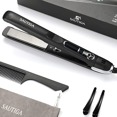Sautiga Hair Streterenter рамно железо, рамно железо за стилизирање на косата, дигитален дисплеј, двоен напон, брзо до 450 ℉, 1 '' лебдечки керамички плочи, црно