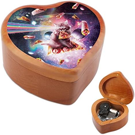 Nudquio Space Cat Cat Riding Pizza Wood Music Box Hearts Hearted Grabate Musical Case