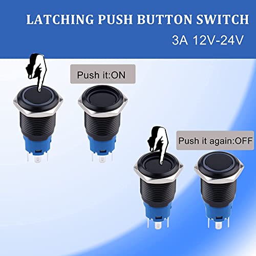 Прекинувач за копче за притискање на JiQi Latching 16mm 3A LED LED 12V-24V Црн метален притисок за влечење 1NO 1NC само-заклучување
