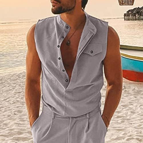 Xxbr Хенли кошули без ракави за мажи, копче надолу лабава фит резервоарот врвови лето плажа за удобност на летни елементи за комфорност