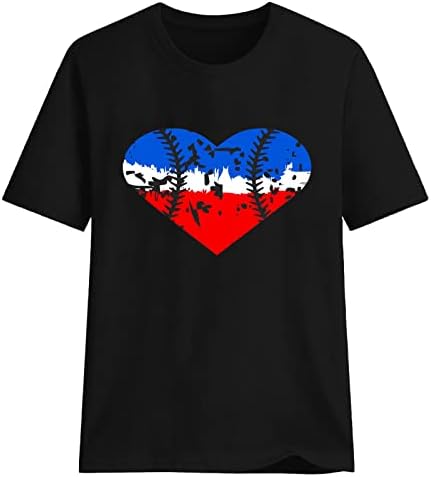 Женски летни маици врвови сакаат срцеви печати бејзбол кошули редовни вклопуваат екипаж маички со маички трендовски графички маички