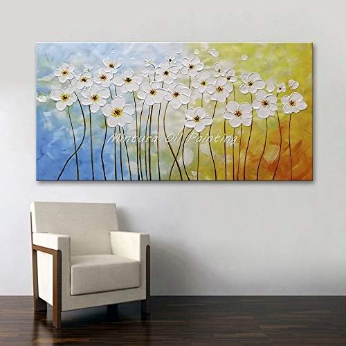 Рачно насликано масло сликарство на платно, модерна рака обоена различни форми на бели цвеќиња маслени слики Акрилно платно што висат сликарство дневна соба спалн