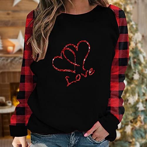 Жените Сакаат Срце Кошула Денот На Вљубените Карирани Пуловер Симпатична Гном Печатење Долги Ракави Врвови Повик Екипажот Дуксери